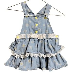 Girls Light Blue Daisy Print Denim Pinafore Dress Lace Trim 3T